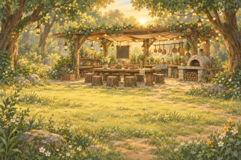 The forest clearing A sunny forest clearing with an open-air wooden kitchen under a canopy, a long table and a stone oven